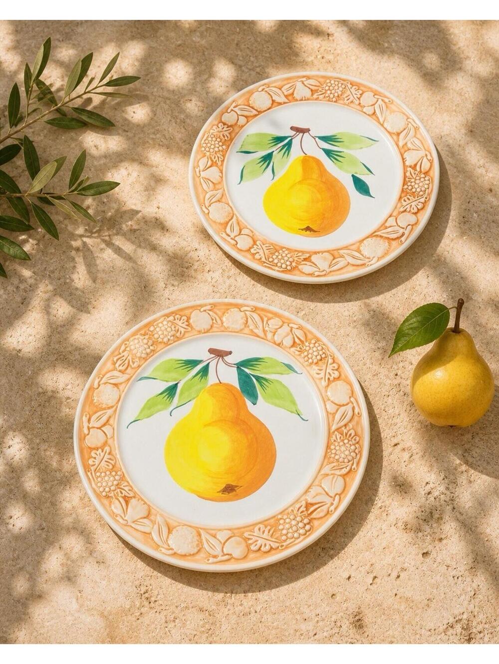 Italian 1970s Hand-Painted Pear Embossed Fruit Border Dinner Plates, 10.75”
